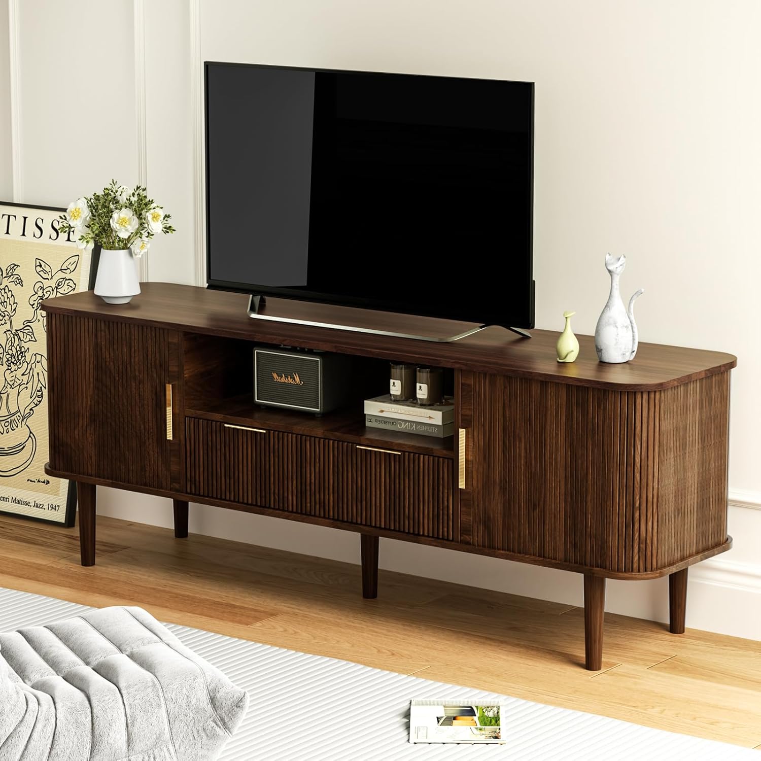 Fluted TV Stand, 55 Inch Mid Century Modern Media Console Table with Sliding Tambour Door Farmhouse Sideboard Buffet Cabinet Fits TVs up to 75 inch, Wood Entertainment Center for Living Room