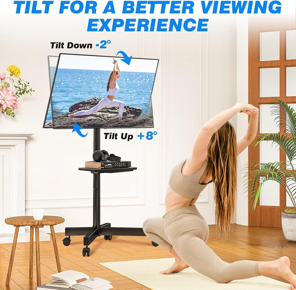 Rfiver Mobile TV Stand for 23-60 Inch LCD LED Flat/Curved Panel Screen TVs up to 88 lbs, Rolling TV Stand with Adjustable Shelf & Tilt, Portable Floor Stand on Wheels for Bedroom, Living Room, Office