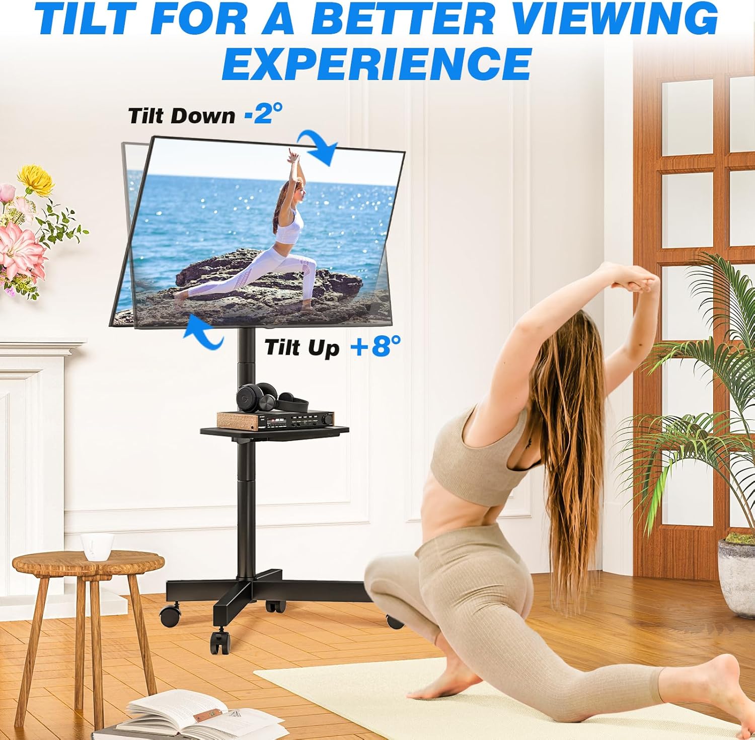 Rfiver Mobile TV Stand for 23-60 Inch LCD LED Flat/Curved Panel Screen TVs up to 88 lbs, Rolling TV Stand with Adjustable Shelf & Tilt, Portable Floor Stand on Wheels for Bedroom, Living Room, Office