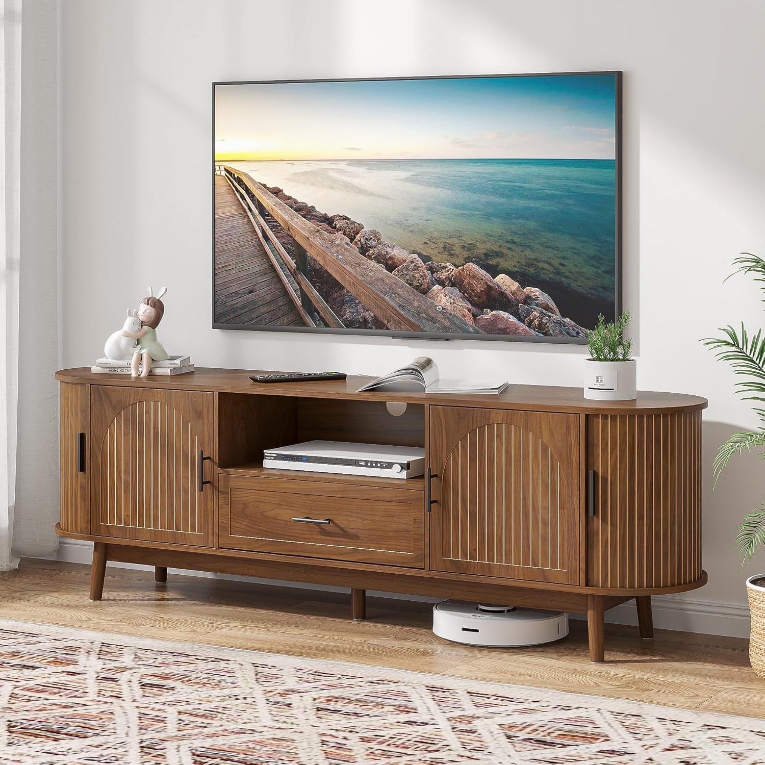 70" Fluted TV Stand for Tvs up to 80", Mid-Century Modern Entertainment Center with Drawers and Fluted Doors, Curved TV Media Console Table with Sliding Doors for Living Room, Bedroom (70")
