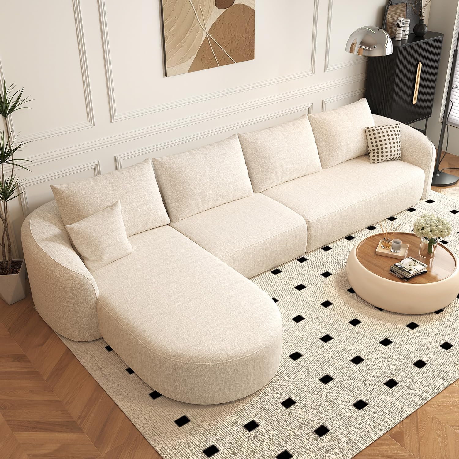 111" Modular Sectional Couches Luxury Modern Curved Back Sofa,Minimalist Comfy L-Shape Boneless Cloud Couch for Living Room Apartment,(Right Facing Chaise,White)