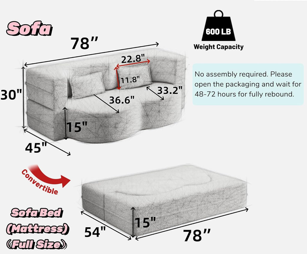 JOYBASE 78in Sofa Couch Convertible Oversized Cloud Loveseat Minimalist Sleeper Sofa Bed for Living Room, Apartment, Office, No Assembly Required (Beige)