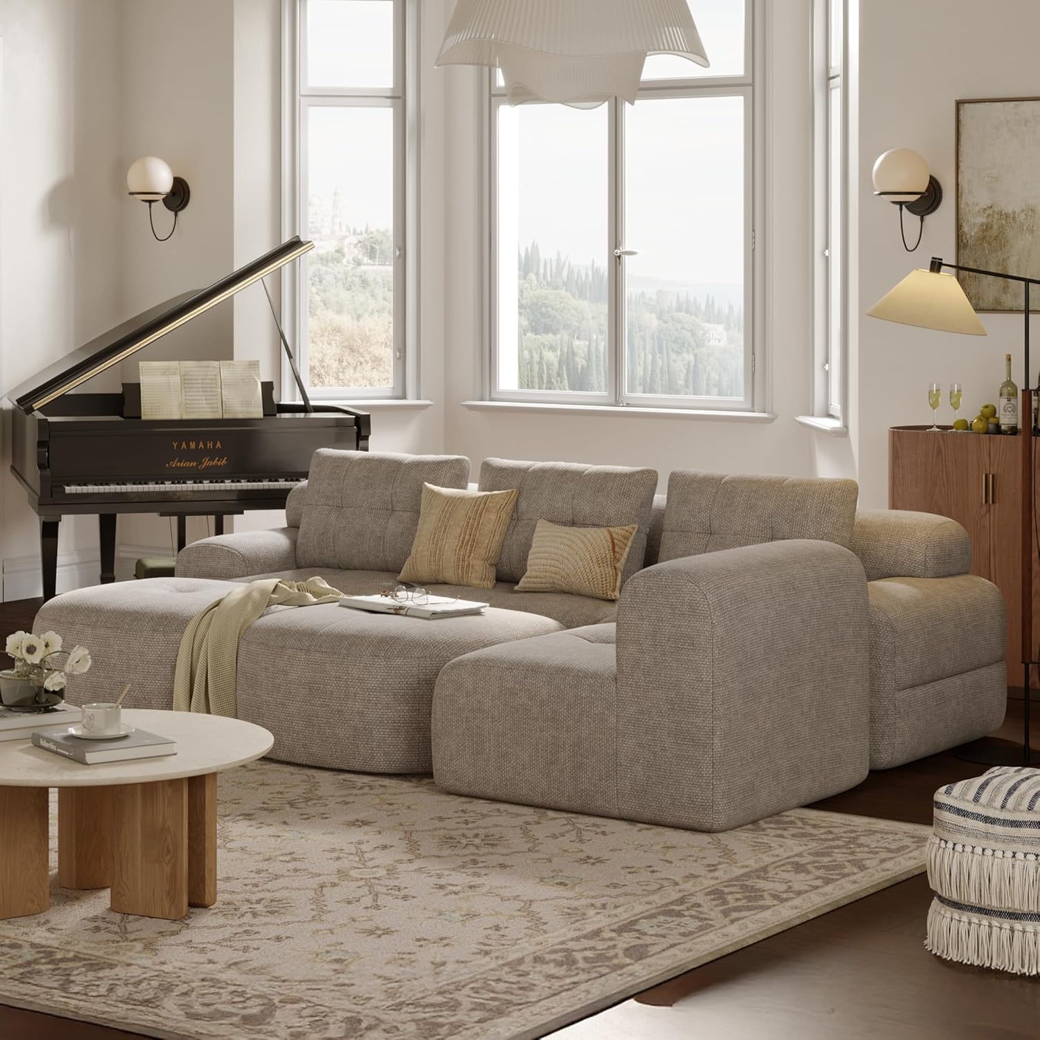 145'' U-Shaped Modular Sectional Sofa Couch, Full-Foam Structure, Compression Packaging Design, Woven Texture Upholstery, Oversized Modern Sofa for Living Room – Wheat Beige