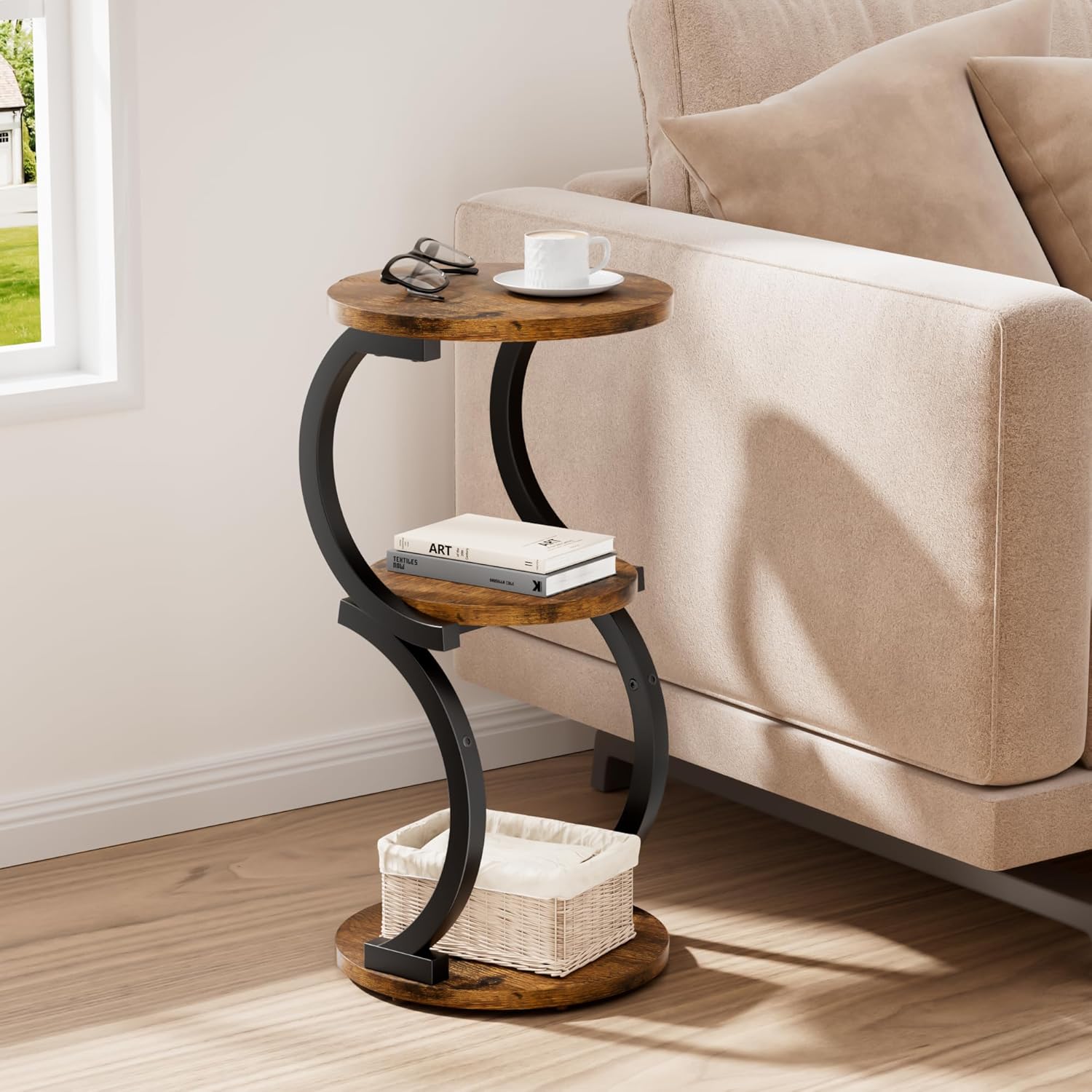 Small Side Table, 3-Tier Round End Table for Living Room, S-Shaped Accent Table for Small Spaces Sofa Couch Bedroom, Vintage Nightstand Wood Metal Coffee Table with Storage Shelf, Rustic Brown