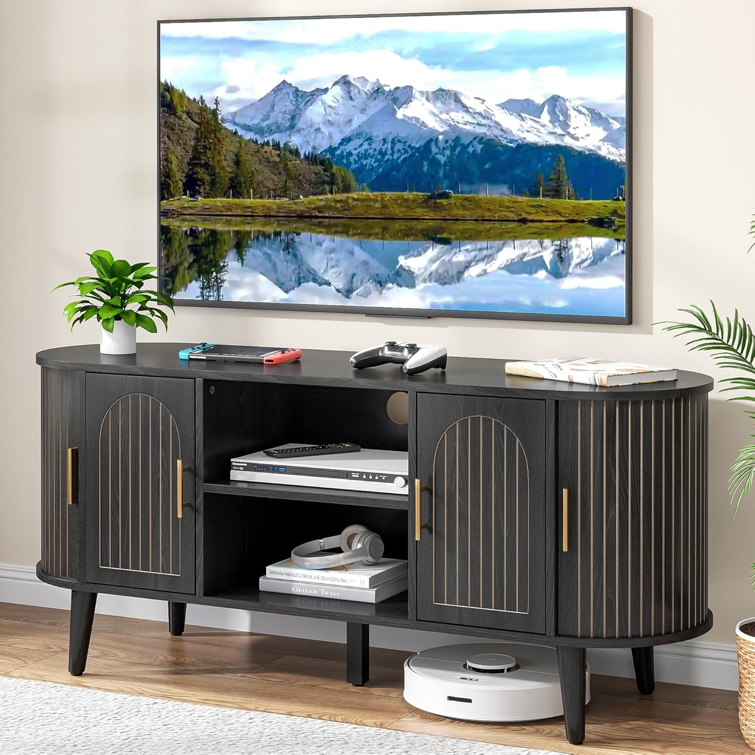 70" Fluted TV Stand for Tvs up to 80", Mid-Century Modern Entertainment Center with Drawers and Fluted Doors, Curved TV Media Console Table with Sliding Doors for Living Room, Bedroom (70")