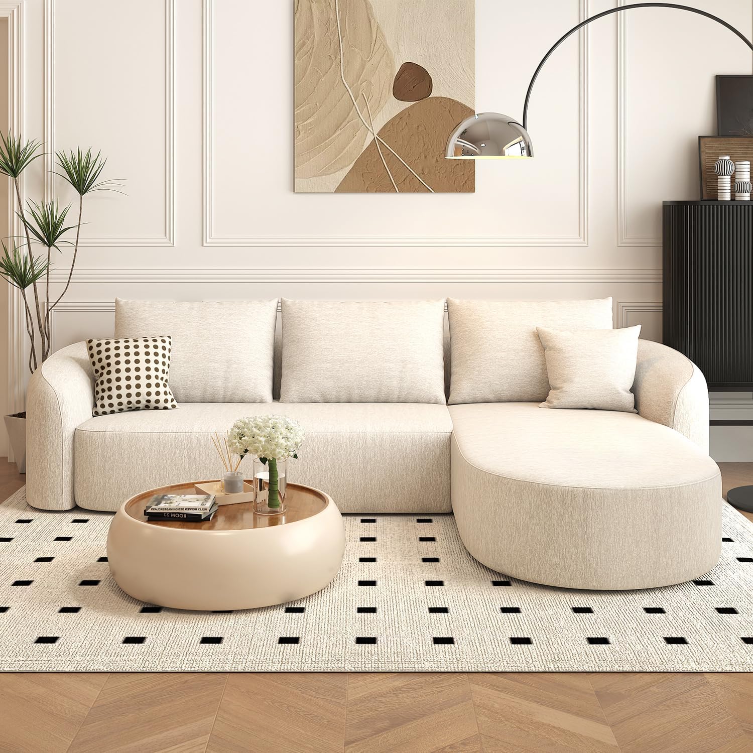 111" Modular Sectional Couches Luxury Modern Curved Back Sofa,Minimalist Comfy L-Shape Boneless Cloud Couch for Living Room Apartment,(Right Facing Chaise,White)