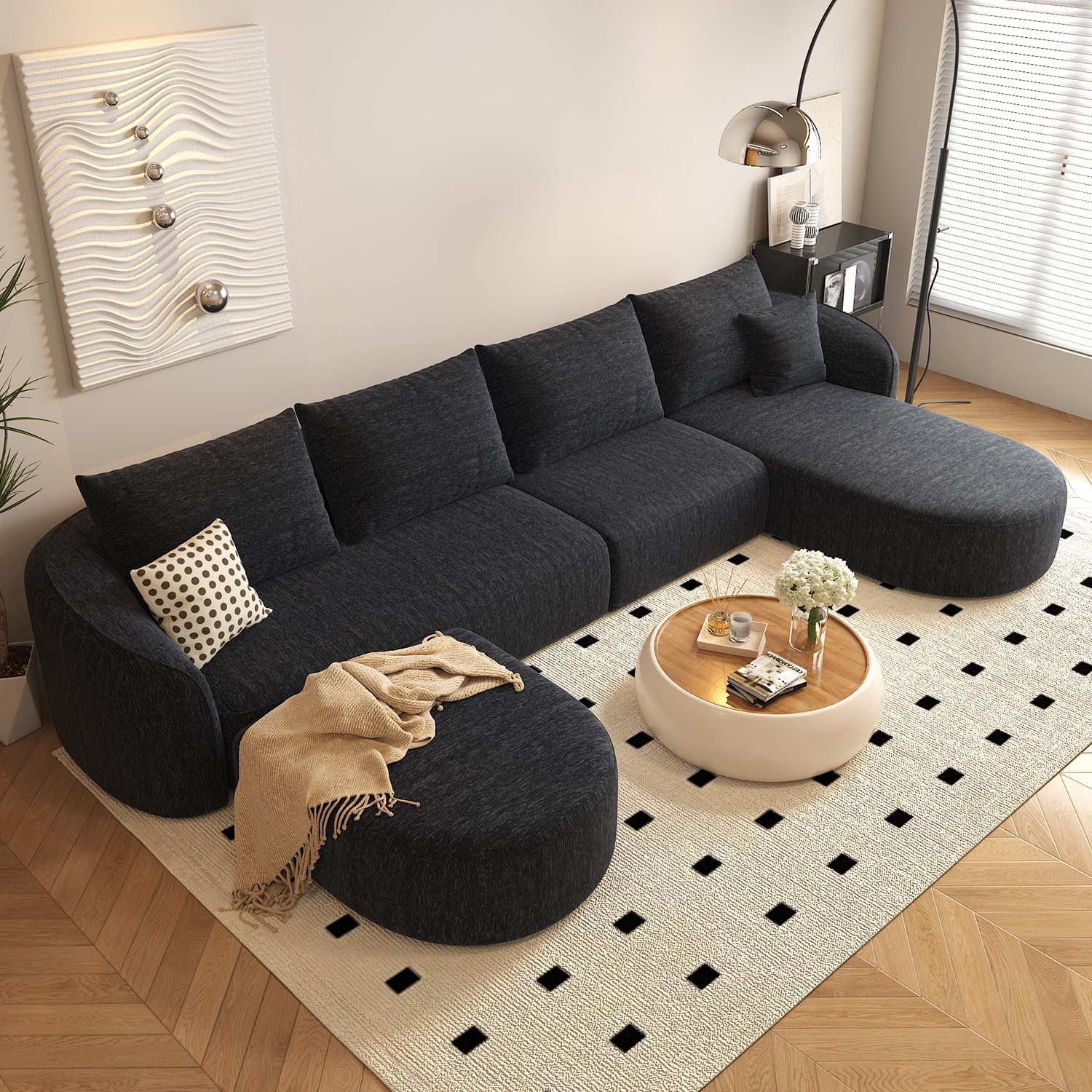 111" Modular Sectional Couches Luxury Modern Curved Back Sofa,Minimalist Comfy L-Shape Boneless Cloud Couch for Living Room Apartment,(Right Facing Chaise,White)