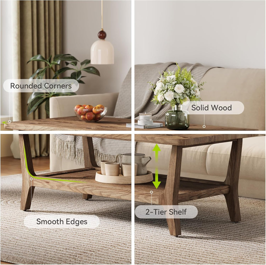 LITTLE TREE Solid Wood Coffee Table with Storage, 2-Tier Shelf Living Room Table, Rounded Corners, Kid-Friendly Lightweight Design, Easy Assembly, 23.6" D x 47.2" W, Rustic Brown