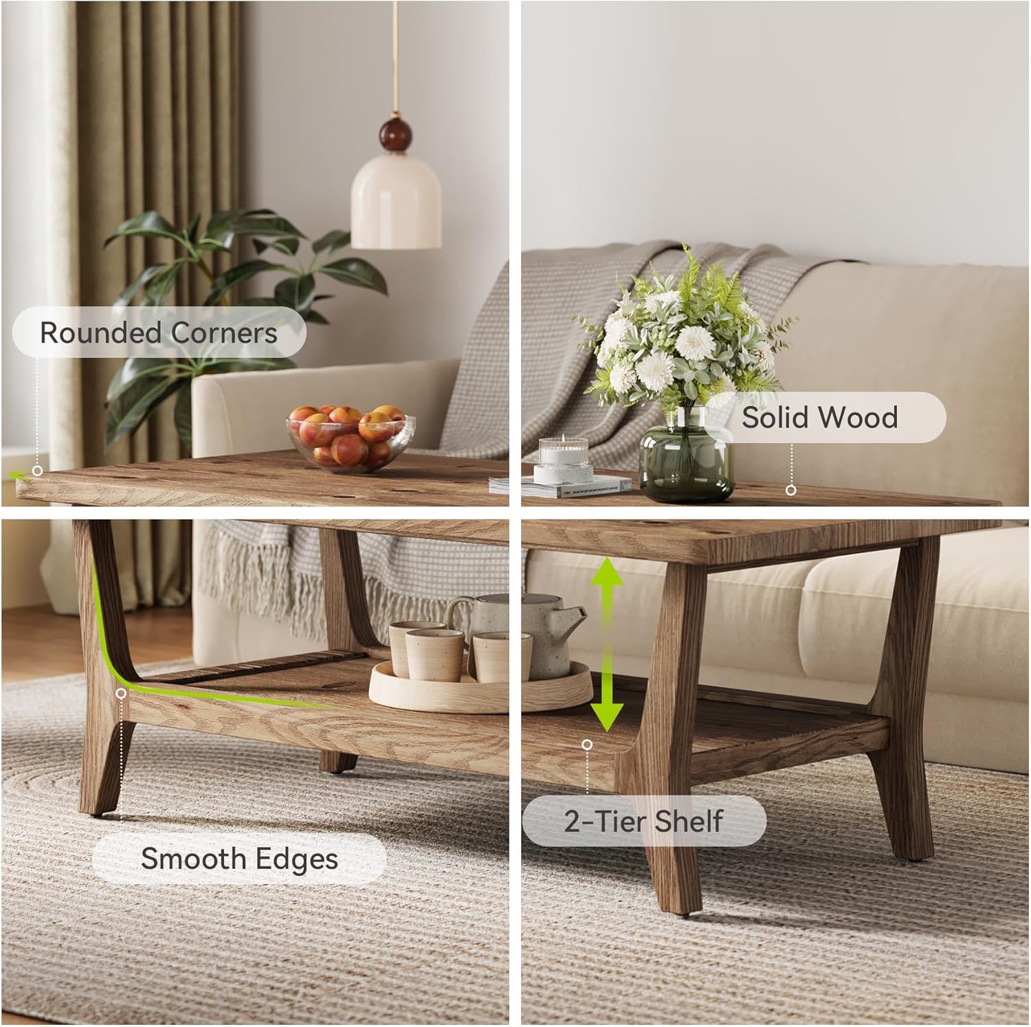 LITTLE TREE Solid Wood Coffee Table with Storage, 2-Tier Shelf Living Room Table, Rounded Corners, Kid-Friendly Lightweight Design, Easy Assembly, 23.6" D x 47.2" W, Rustic Brown