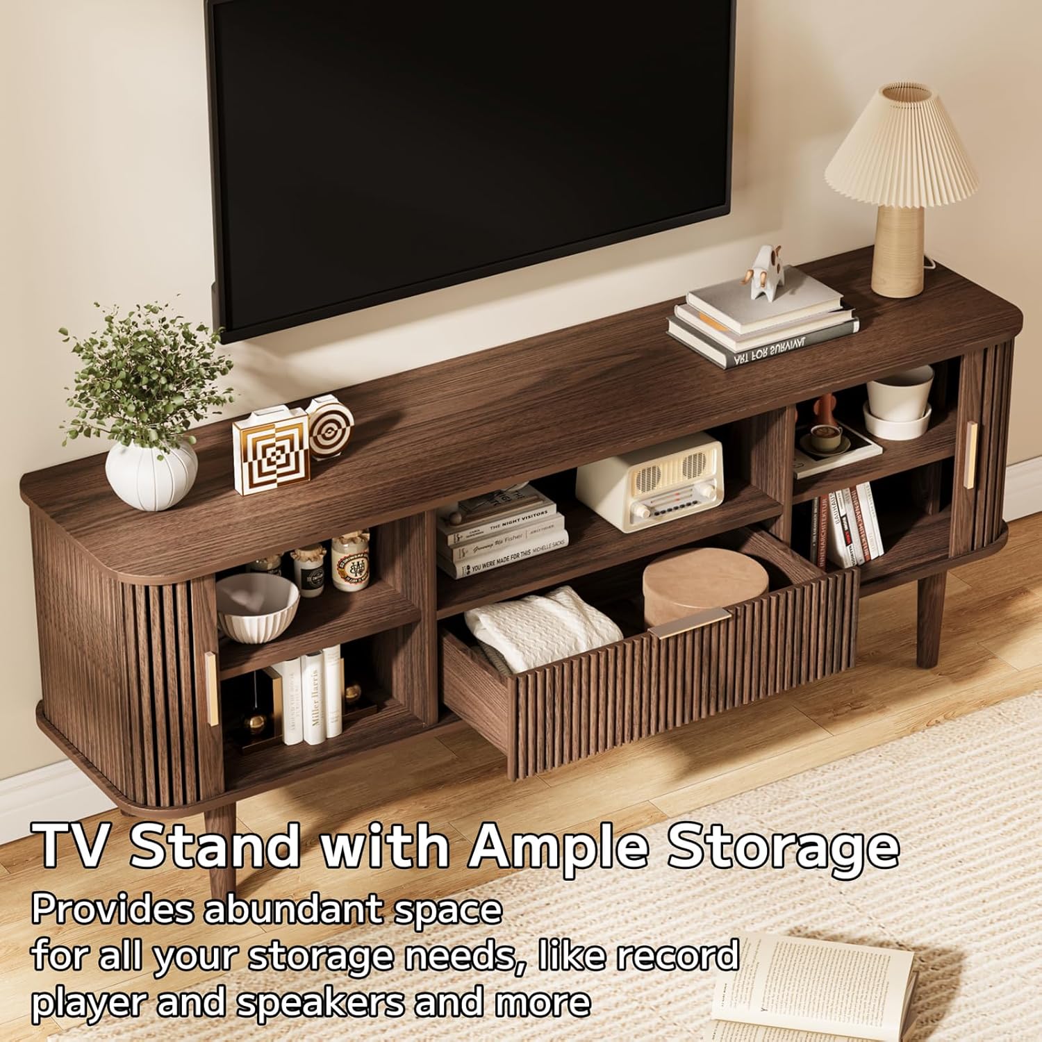 Fluted TV Stand, 55 Inch Mid Century Modern Media Console Table with Sliding Tambour Door Farmhouse Sideboard Buffet Cabinet Fits TVs up to 75 inch, Wood Entertainment Center for Living Room