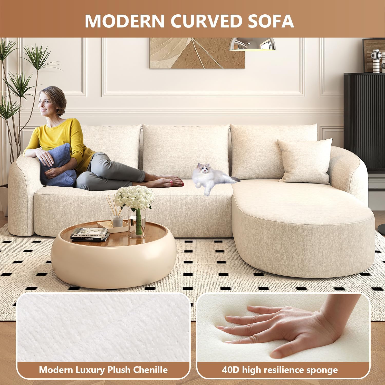 111" Modular Sectional Couches Luxury Modern Curved Back Sofa,Minimalist Comfy L-Shape Boneless Cloud Couch for Living Room Apartment,(Right Facing Chaise,White)