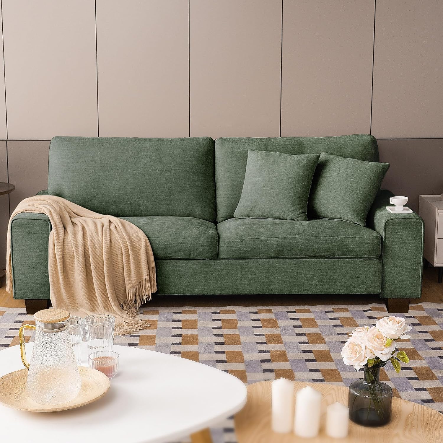 DOPEDIO Modern Loveseat Sofa for Living Room,Chenille Recliner, Removable Cover, Spring Cushions, Solid Wood Frame, Easy Assembly for Small Spaces (71.25inch，Beige)