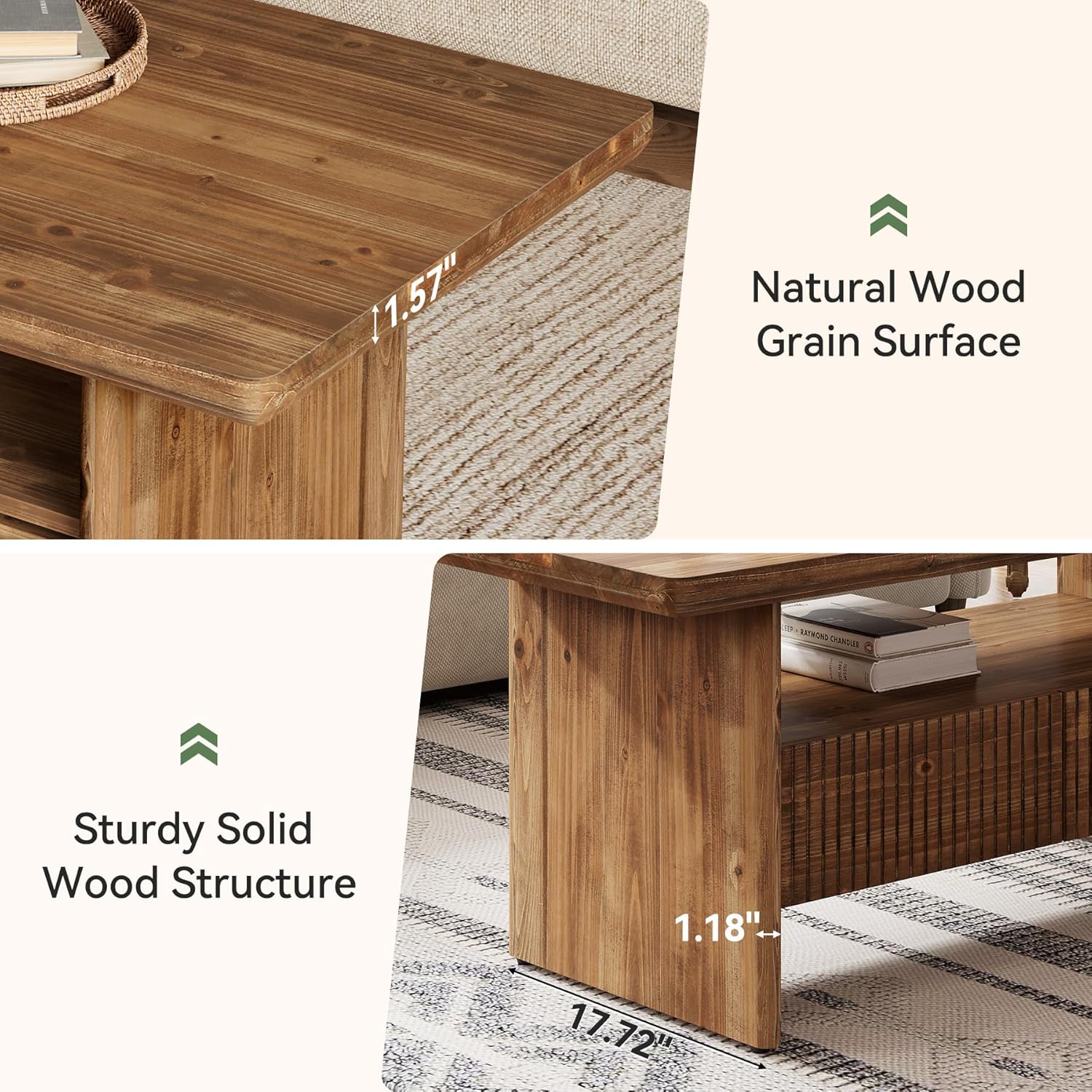 47.24" Solid Wood Coffee Table with 2 Drawers, 2-Tier Rustic Rectangle Center Tea Table for Living Room with Open Shelf Storage, Large,Mid-Century Modern, Natural Brown