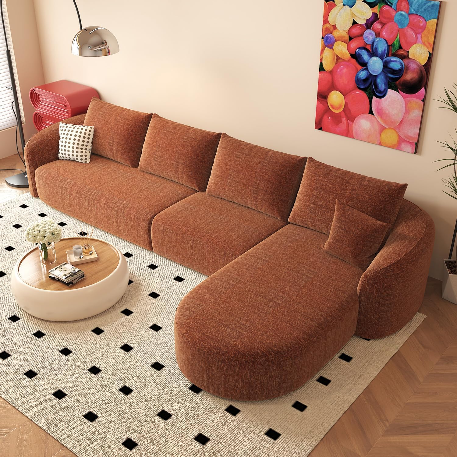 111" Modular Sectional Couches Luxury Modern Curved Back Sofa,Minimalist Comfy L-Shape Boneless Cloud Couch for Living Room Apartment,(Right Facing Chaise,White)