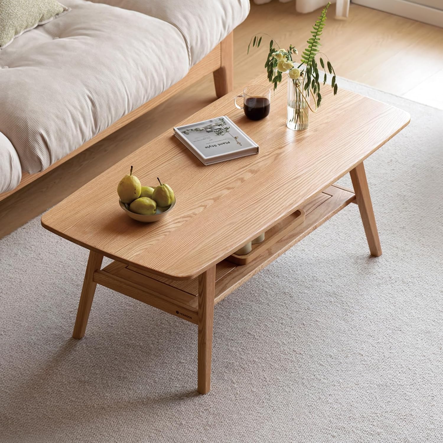 100% Solid Wood Coffee Table for Living Room, Mid Century Modern Small Tables with Shelf Storage, Storage Coffee Table with Rounded Corners (Oak Wood Walnut Color, 47.24" L)