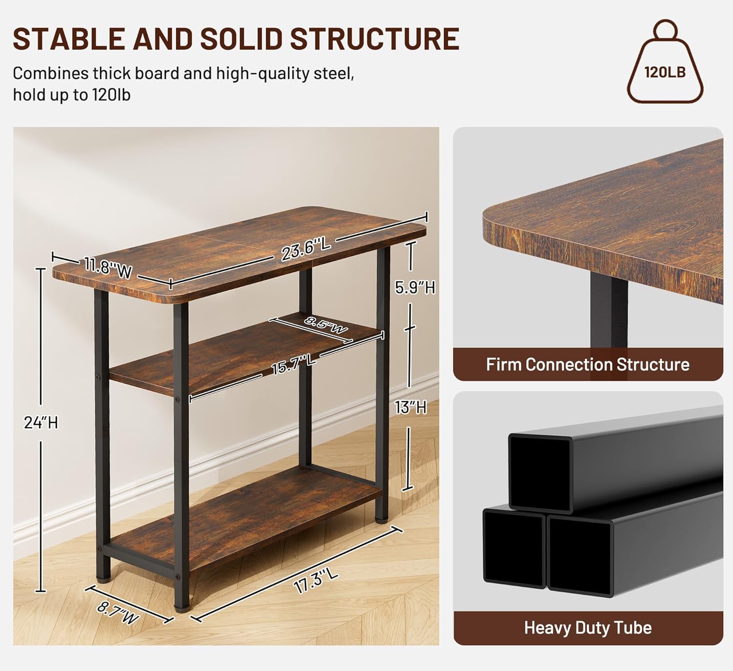 SLEEPING LAMB Side Table for Living Room, 3-Tier End Table for Small Space with Wide Storage Tabletop, Rustic Brown Narrow Nightstand for Bedroom, Sofa Couch