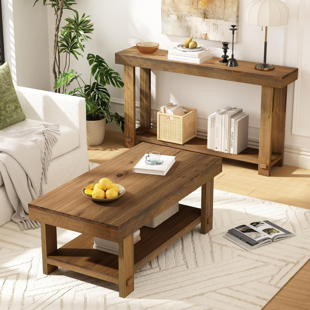 42.5" Farmhouse Solid Wood Coffee Table Rectangle Coffee Table Rustic Center Tables with Storage Shelf for Living Room, Natural