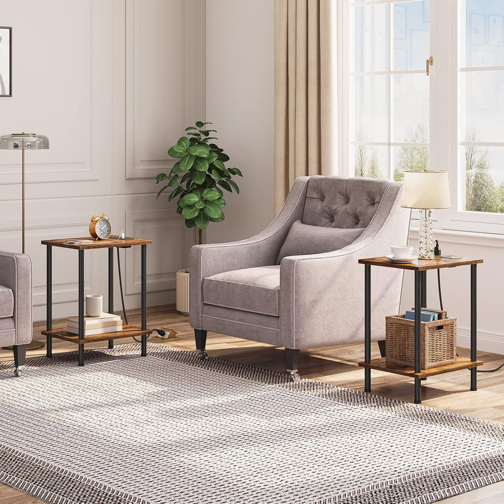 HOOBRO Side Table with Charging Station, Set of 2 End Tables with USB Port and Outlets, Nightstand with 2-Layer Storage Shelves for Small Spaces, Living Room, Bedroom, Rustic Brown BF09UBZP201