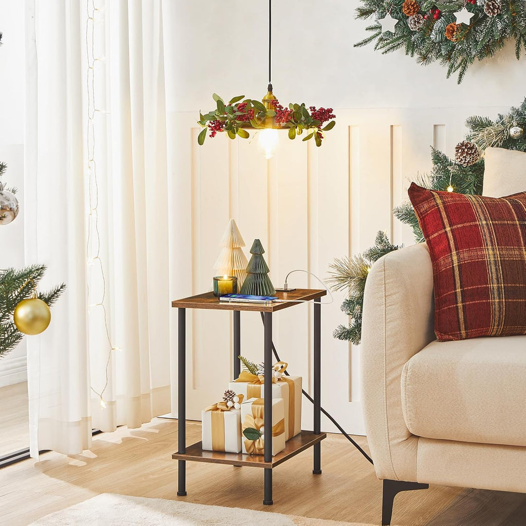 HOOBRO Side Table with Charging Station, Set of 2 End Tables with USB Port and Outlets, Nightstand with 2-Layer Storage Shelves for Small Spaces, Living Room, Bedroom, Rustic Brown BF09UBZP201