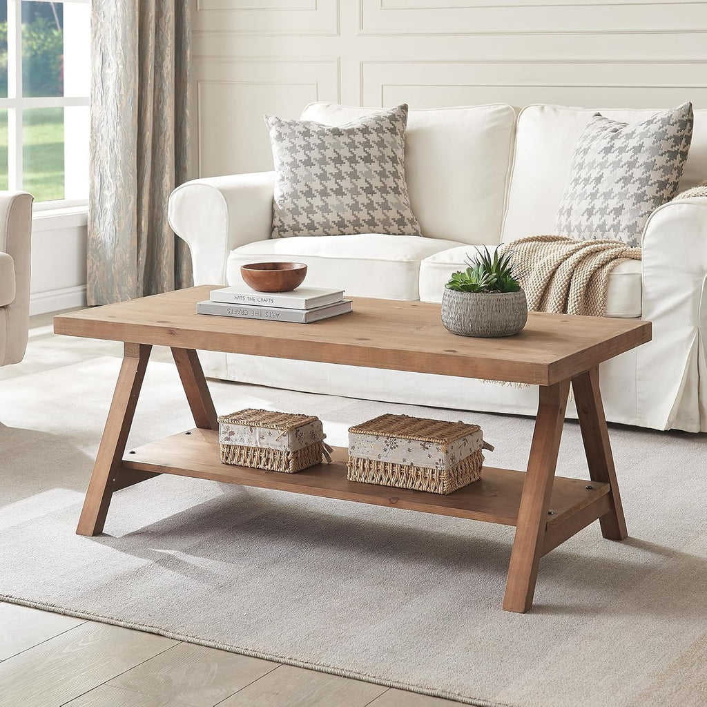 Farmhouse Coffee Table,Solid Wood Center Tables with Storage Shelves & Sturdy A-Shaped Legs, Modern Rustic 2-Tier Rectangular Table for Living Room and Office, Natural