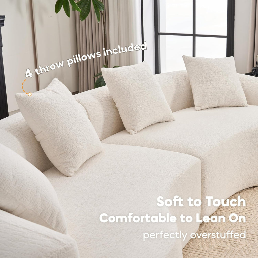 Yoglad 110‘’ Boneless Curved Sofa, Modern Cloud 4-Seater Floor Couch, Minimalist Compression Sofa for Living Room Apartment Studio Office, No Assembly Needed(Chenille, Beige White)