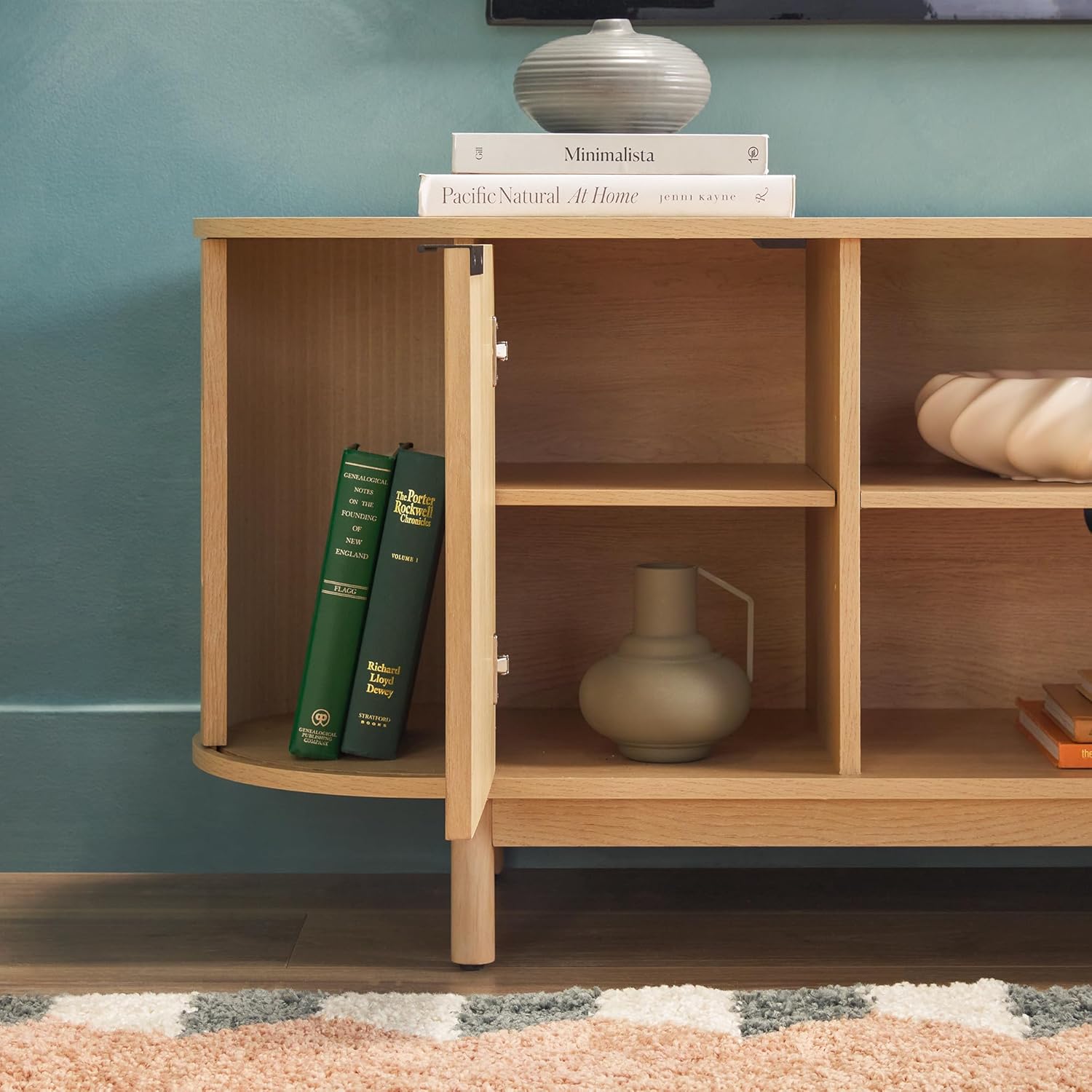 Walker Edison Modern Curved Reeded TV Stand for TVs up to 70 Inches, Credenza with Sliding Doors and Adjustable Shelves, TV Stand with Cord Management Cutout, 60 Inch, Coastal Oak