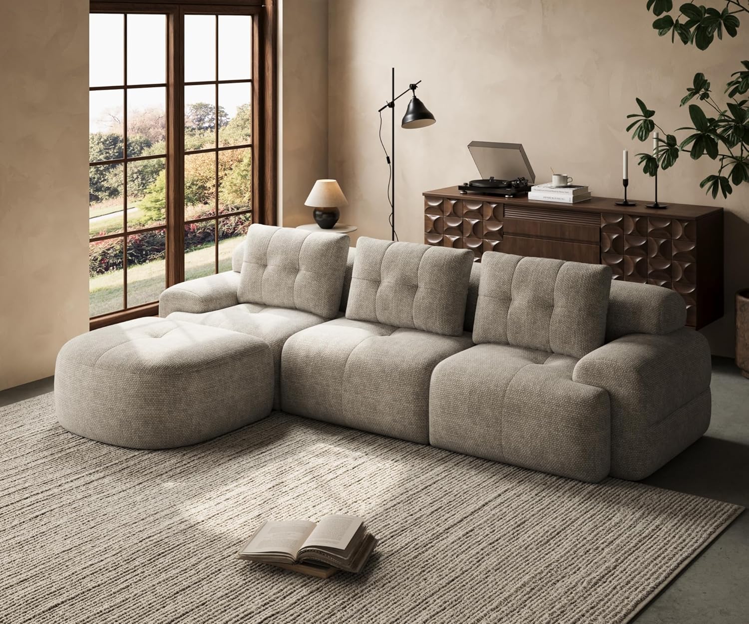 145'' U-Shaped Modular Sectional Sofa Couch, Full-Foam Structure, Compression Packaging Design, Woven Texture Upholstery, Oversized Modern Sofa for Living Room – Wheat Beige