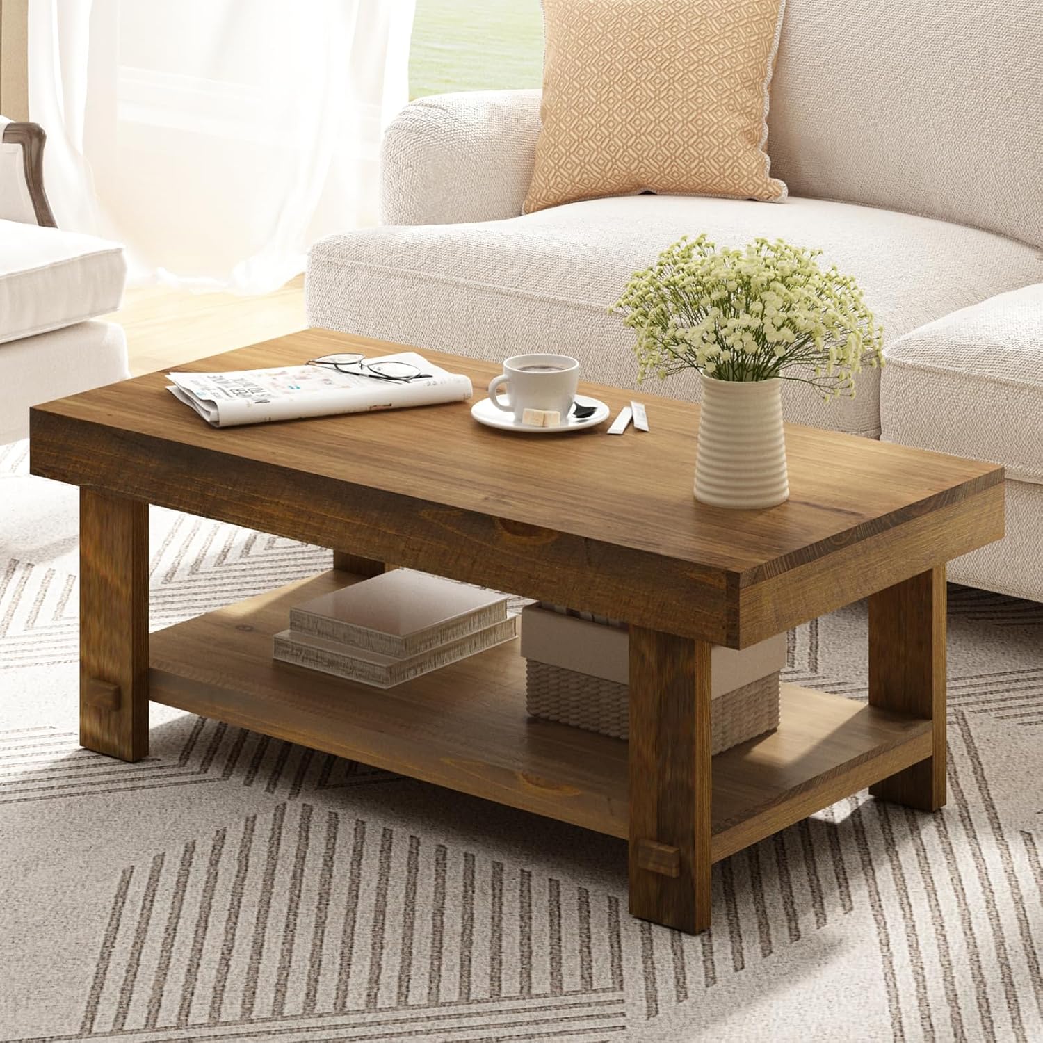 42.5" Farmhouse Solid Wood Coffee Table Rectangle Coffee Table Rustic Center Tables with Storage Shelf for Living Room, Natural