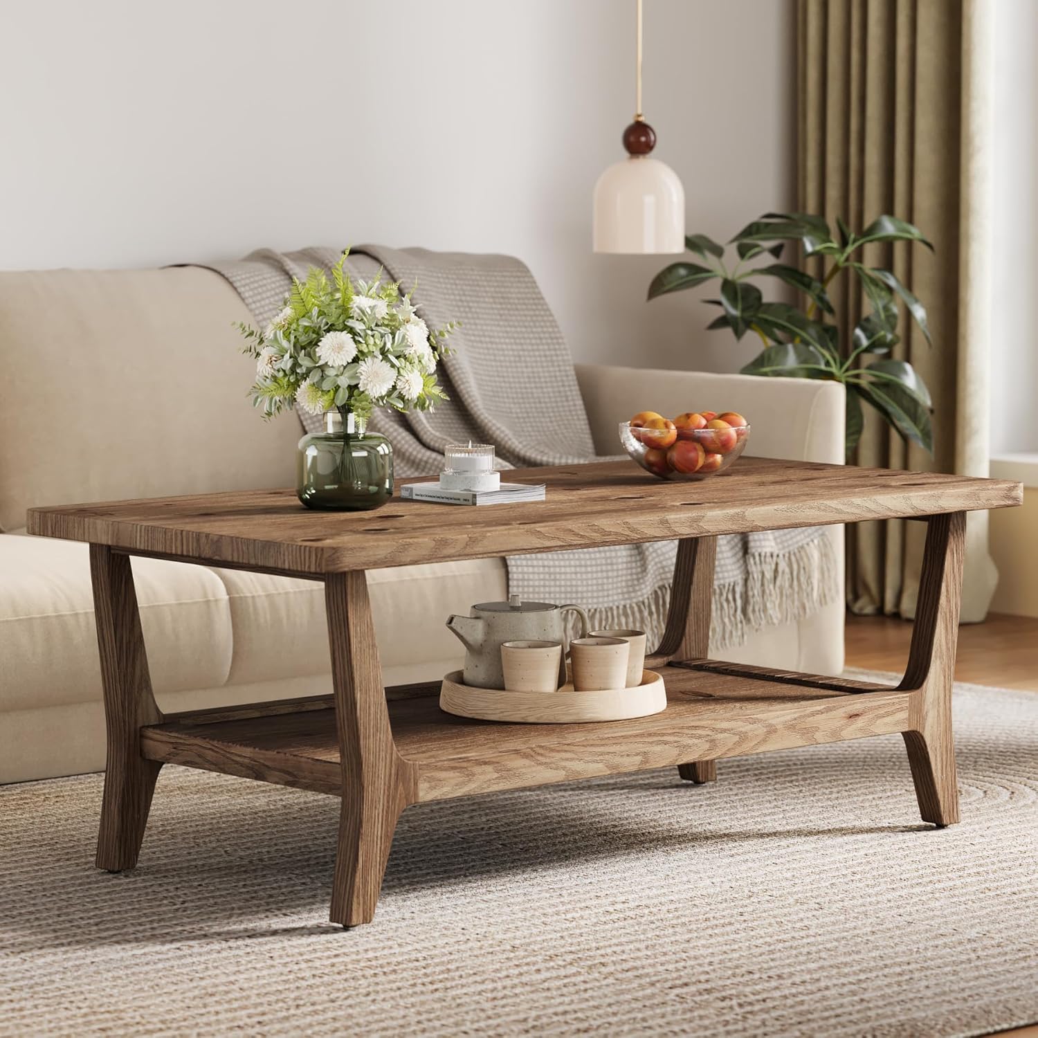 LITTLE TREE Solid Wood Coffee Table with Storage, 2-Tier Shelf Living Room Table, Rounded Corners, Kid-Friendly Lightweight Design, Easy Assembly, 23.6" D x 47.2" W, Rustic Brown