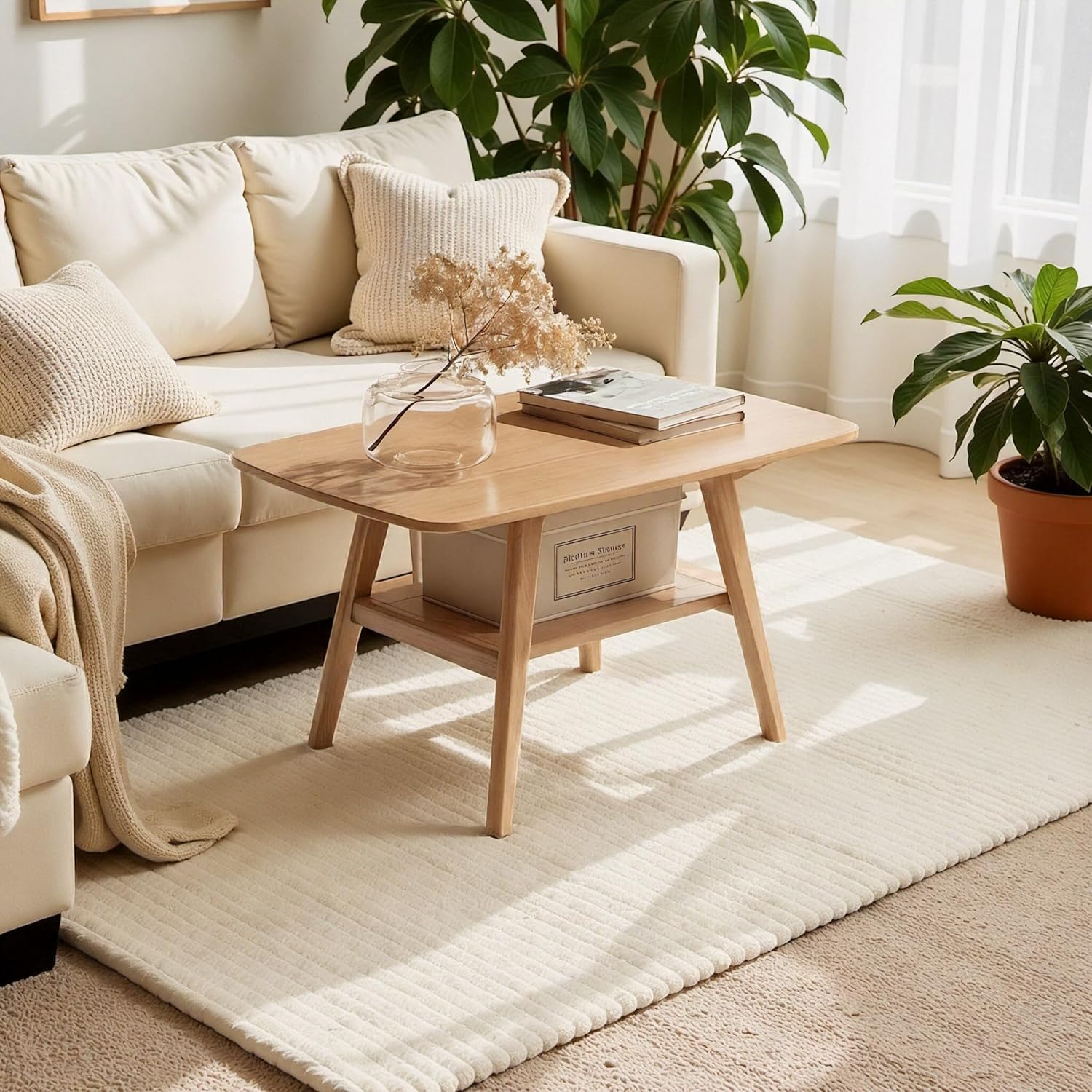 100% Solid Wood Coffee Table for Living Room, Mid Century Modern Small Tables with Shelf Storage, Storage Coffee Table with Rounded Corners (Oak Wood Walnut Color, 47.24" L)