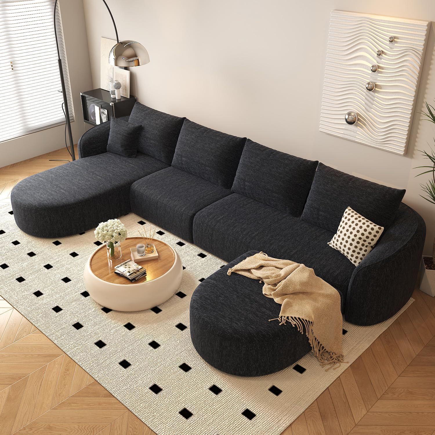 111" Modular Sectional Couches Luxury Modern Curved Back Sofa,Minimalist Comfy L-Shape Boneless Cloud Couch for Living Room Apartment,(Right Facing Chaise,White)