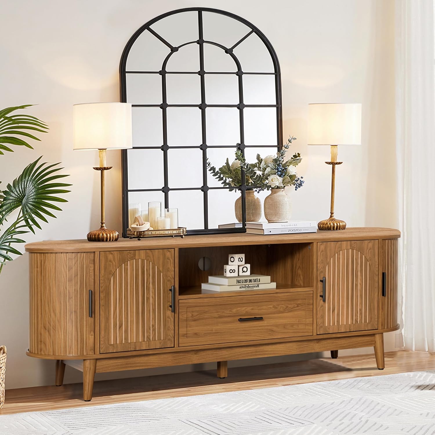 70" Fluted TV Stand for Tvs up to 80", Mid-Century Modern Entertainment Center with Drawers and Fluted Doors, Curved TV Media Console Table with Sliding Doors for Living Room, Bedroom (70")