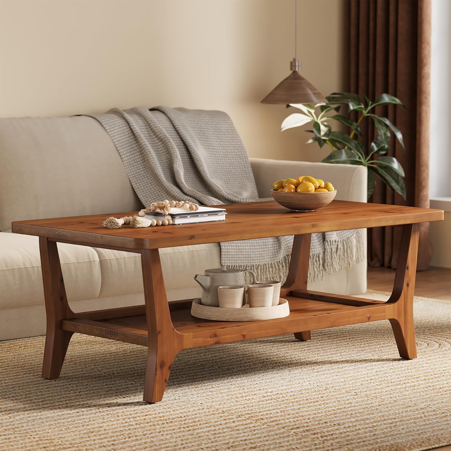 LITTLE TREE Solid Wood Coffee Table with Storage, 2-Tier Shelf Living Room Table, Rounded Corners, Kid-Friendly Lightweight Design, Easy Assembly, 23.6" D x 47.2" W, Rustic Brown
