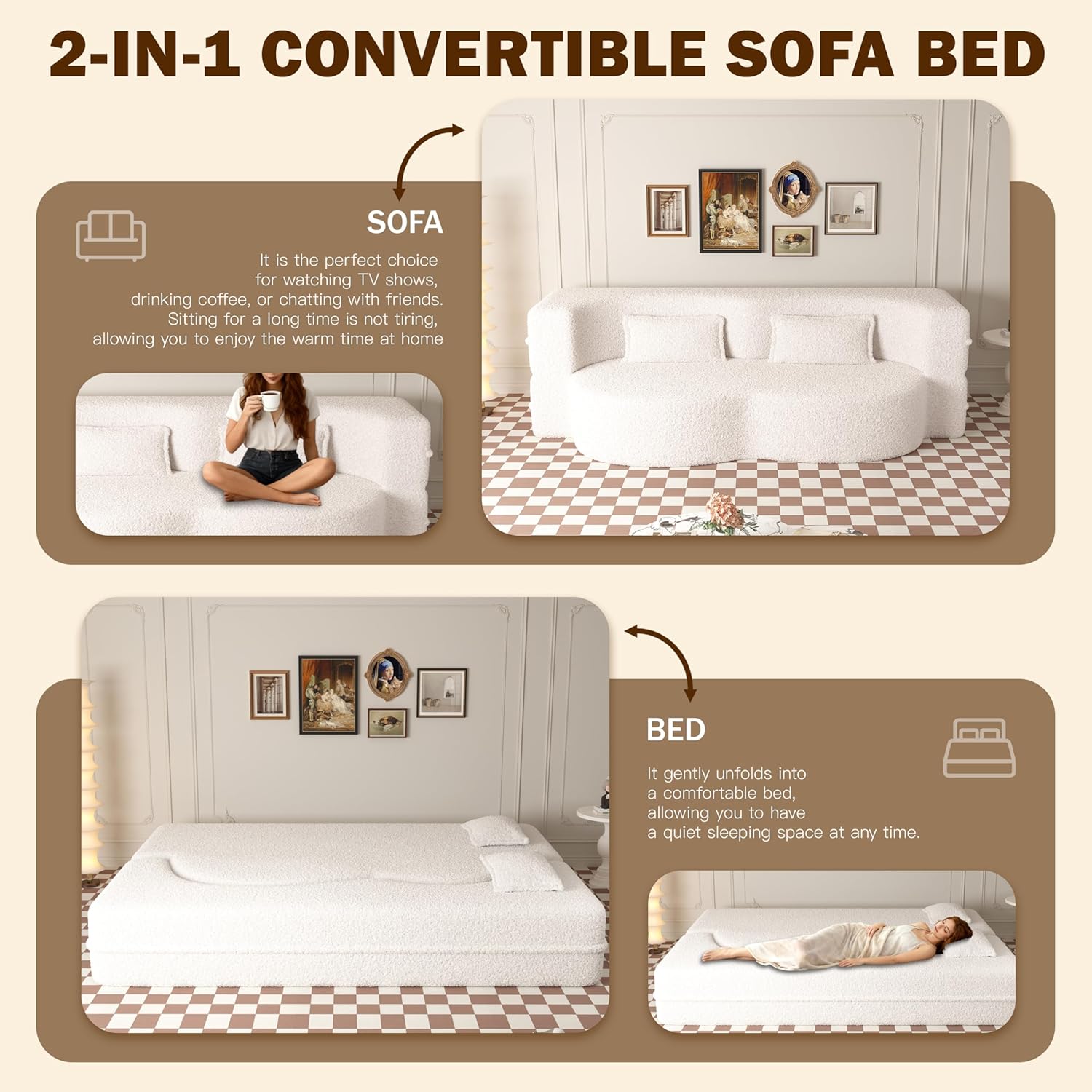 JOYBASE 78in Sofa Couch Convertible Oversized Cloud Loveseat Minimalist Sleeper Sofa Bed for Living Room, Apartment, Office, No Assembly Required (Beige)