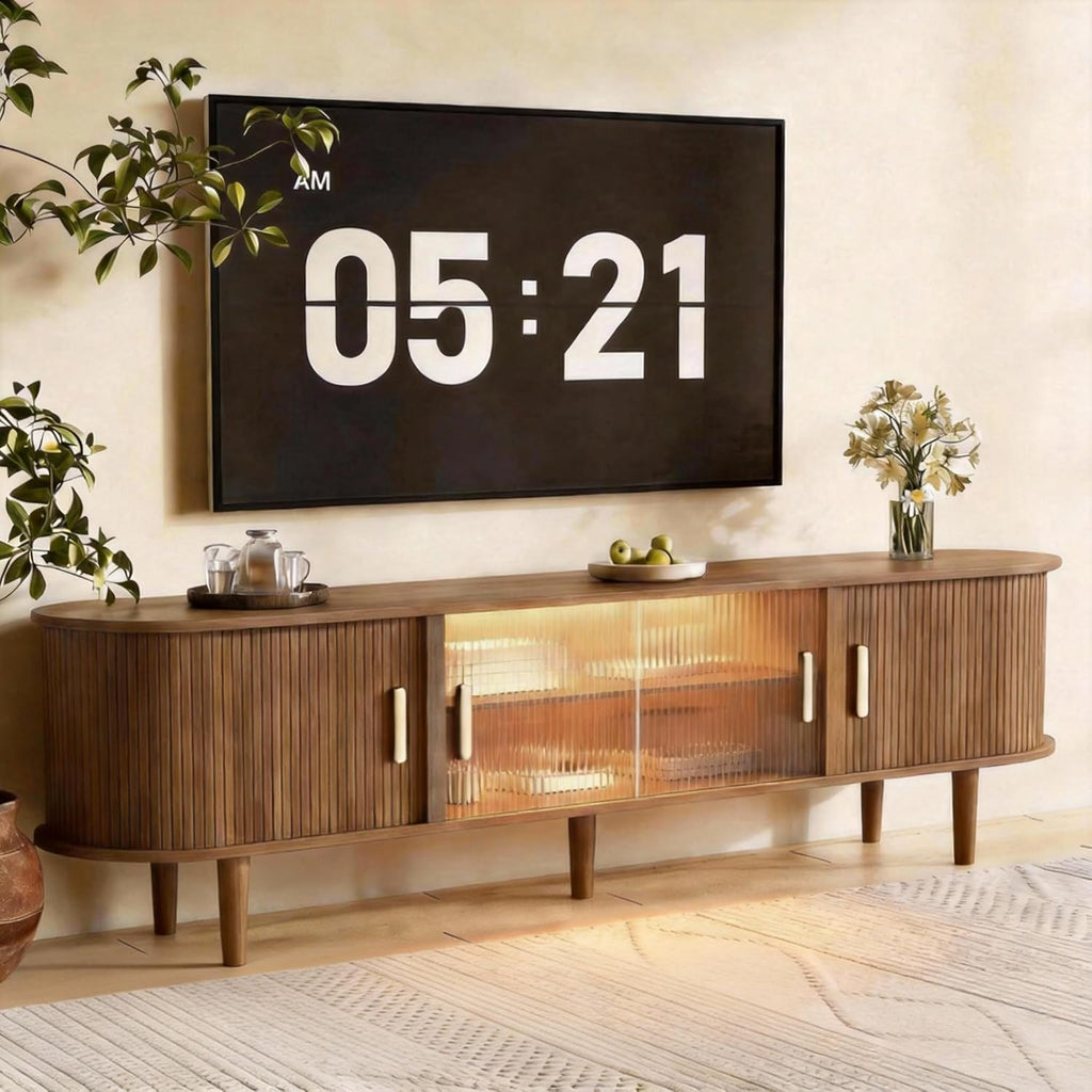 70" Fluted TV Stand with LED Lights for TVs up to 75 Inch, Mid Century Modern Entertainment Center with Sliding Doors & Glass Shelf, TV Console Table Media Console for Living Room, Walnut