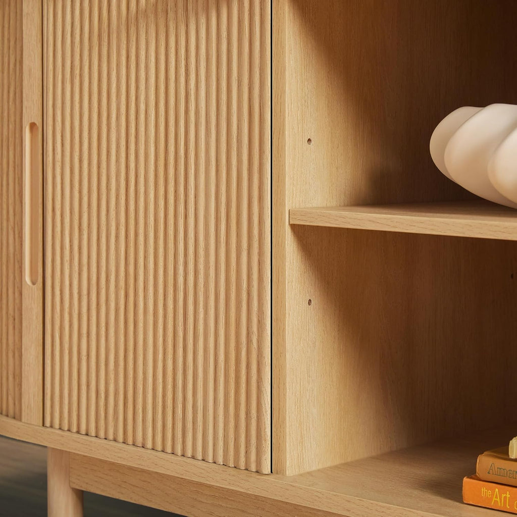 Walker Edison Modern Curved Reeded TV Stand for TVs up to 70 Inches, Credenza with Sliding Doors and Adjustable Shelves, TV Stand with Cord Management Cutout, 60 Inch, Coastal Oak