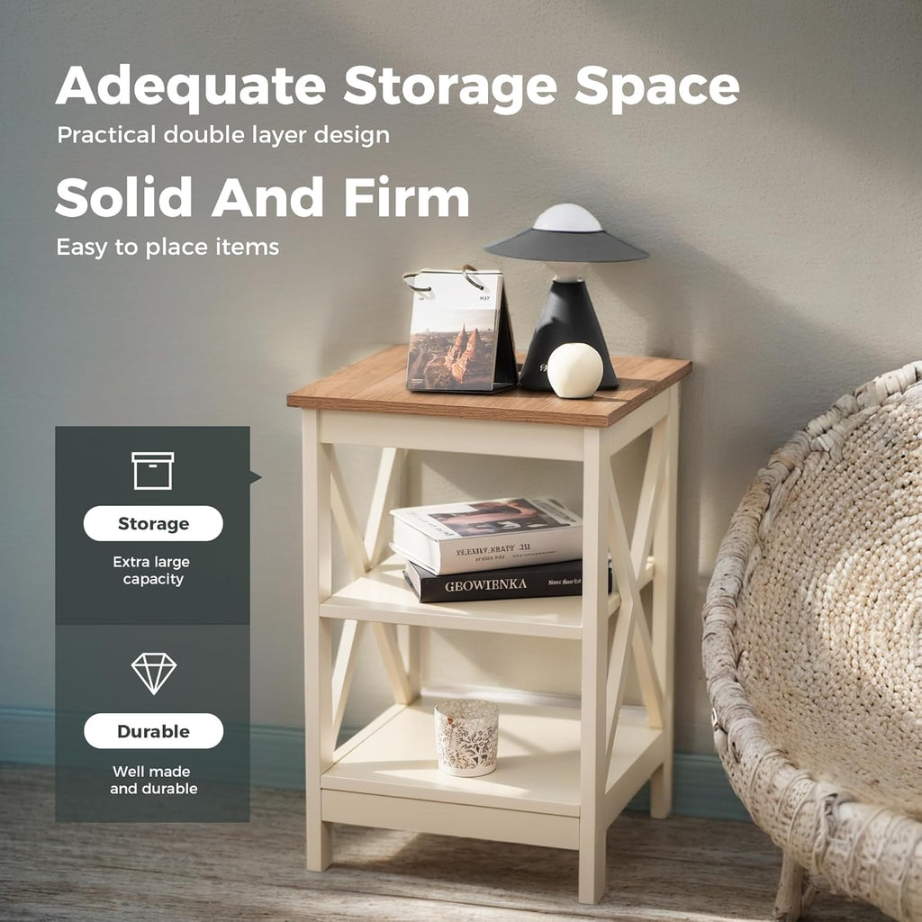 MAISON ARTS End Tables, Farmhouse Nightstand Set of 2, Small Side Table Living Room 3-Tier Modern Bed Side Table Nightstands for Bedroom, Sofa End Tables Set, Ivory White