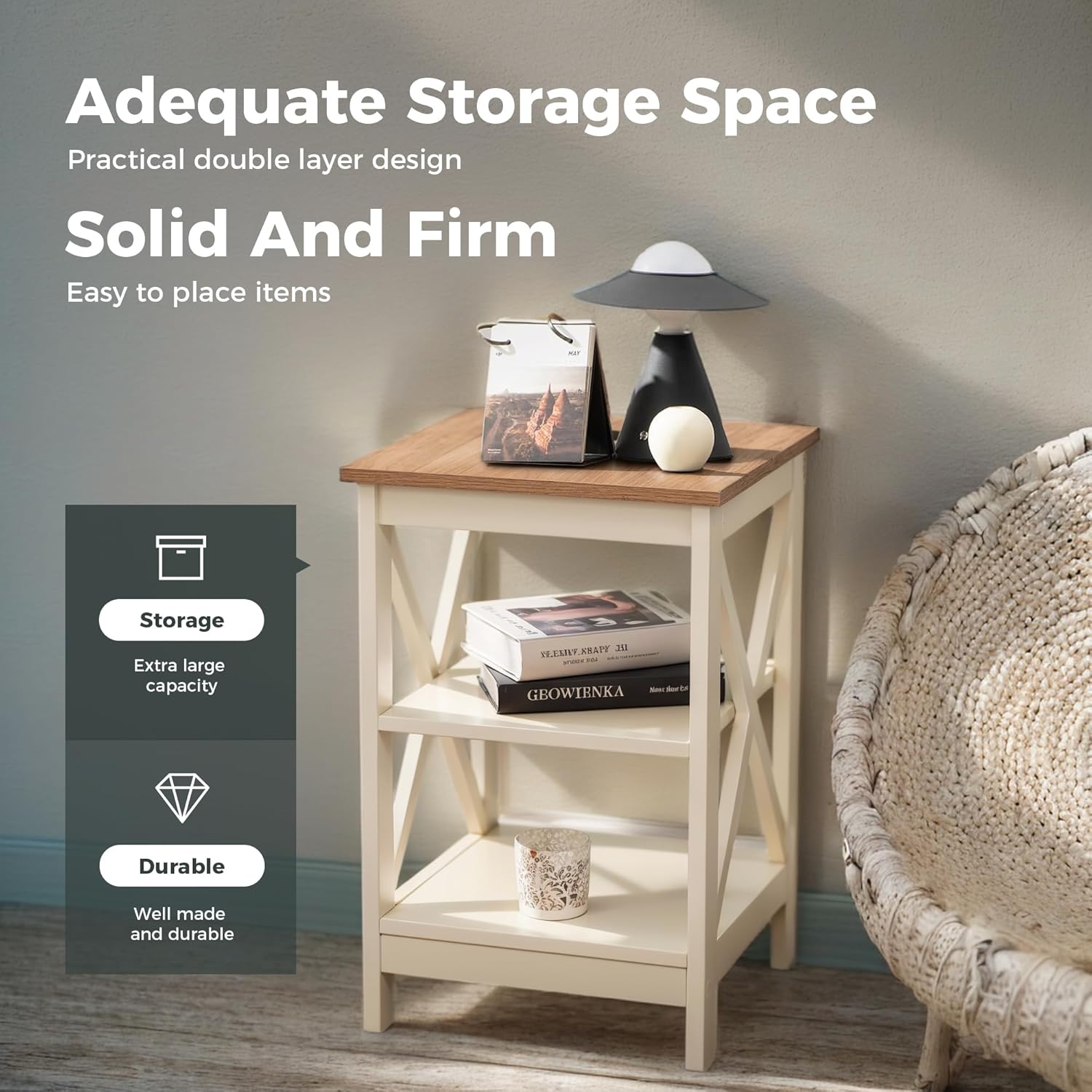 MAISON ARTS End Tables, Farmhouse Nightstand Set of 2, Small Side Table Living Room 3-Tier Modern Bed Side Table Nightstands for Bedroom, Sofa End Tables Set, Ivory White