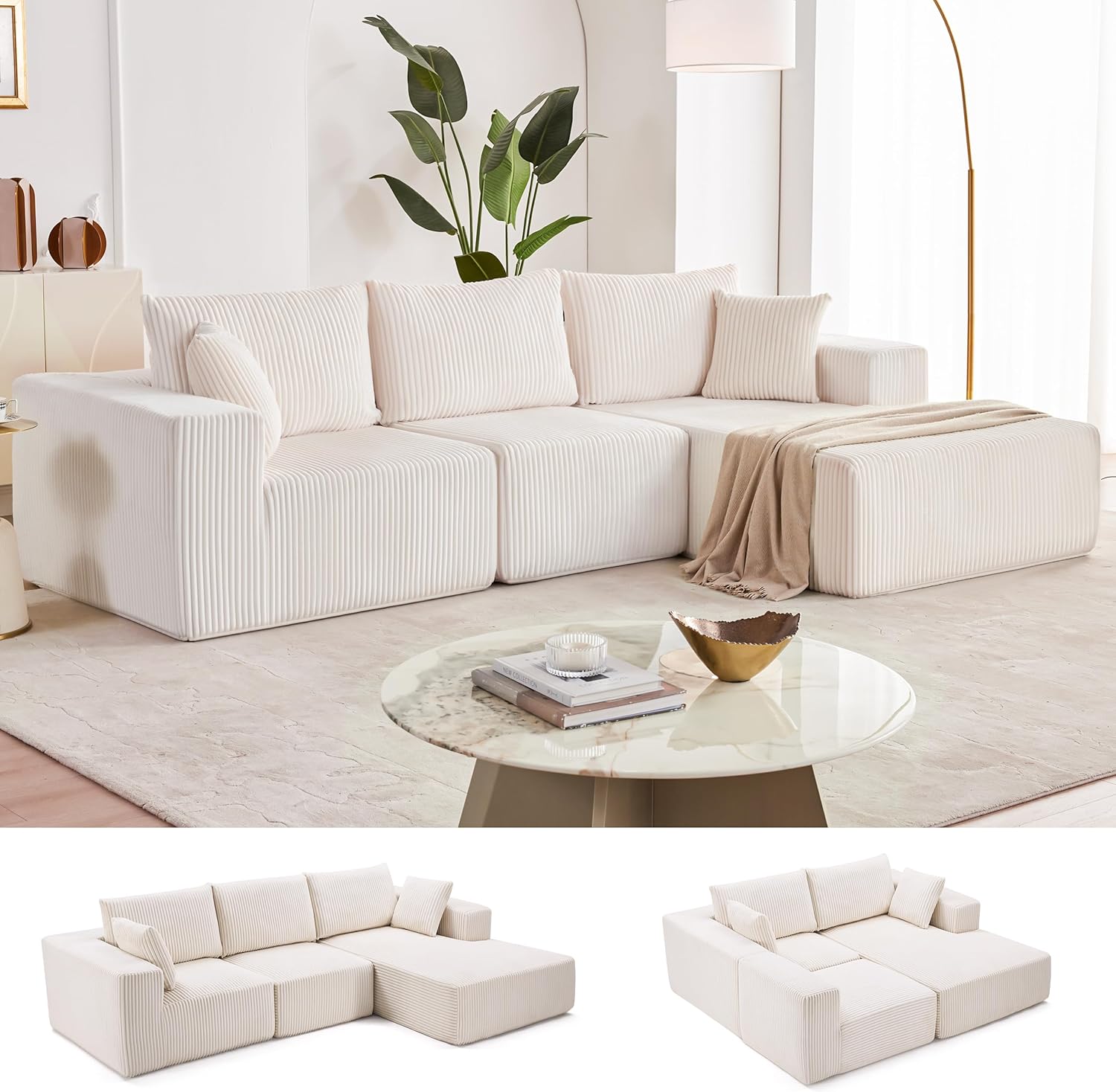 108” Modular Sectional Sofa, Cloud Sectional Couch with Deep Seat, Modern Modular L-Shape Sofa Couch with Chaise,Upholstered Boneless Couches for Living Room Bedroom (Beige, Left Facing Chaise)