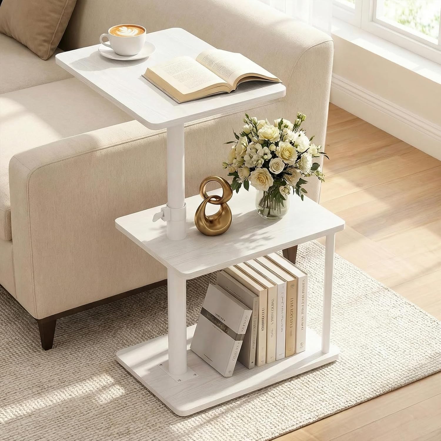 Swivel Side Table for Couch Arm, Adjustable C End Table for Recliner or Bed, Tv Trays with Storage Shelf for Small Spaces Small Nightstand Table for Living Room, Bedroom