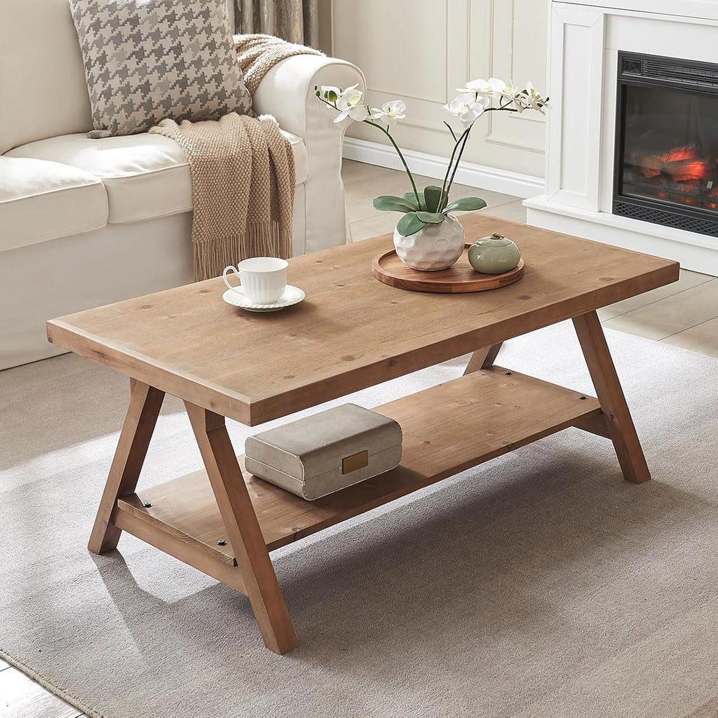 Farmhouse Coffee Table,Solid Wood Center Tables with Storage Shelves & Sturdy A-Shaped Legs, Modern Rustic 2-Tier Rectangular Table for Living Room and Office, Natural