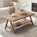 Farmhouse Coffee Table,Solid Wood Center Tables with Storage Shelves & Sturdy A-Shaped Legs, Modern Rustic 2-Tier Rectangular Table for Living Room and Office, Natural