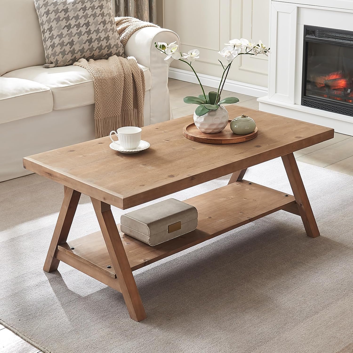 Farmhouse Coffee Table,Solid Wood Center Tables with Storage Shelves & Sturdy A-Shaped Legs, Modern Rustic 2-Tier Rectangular Table for Living Room and Office, Natural