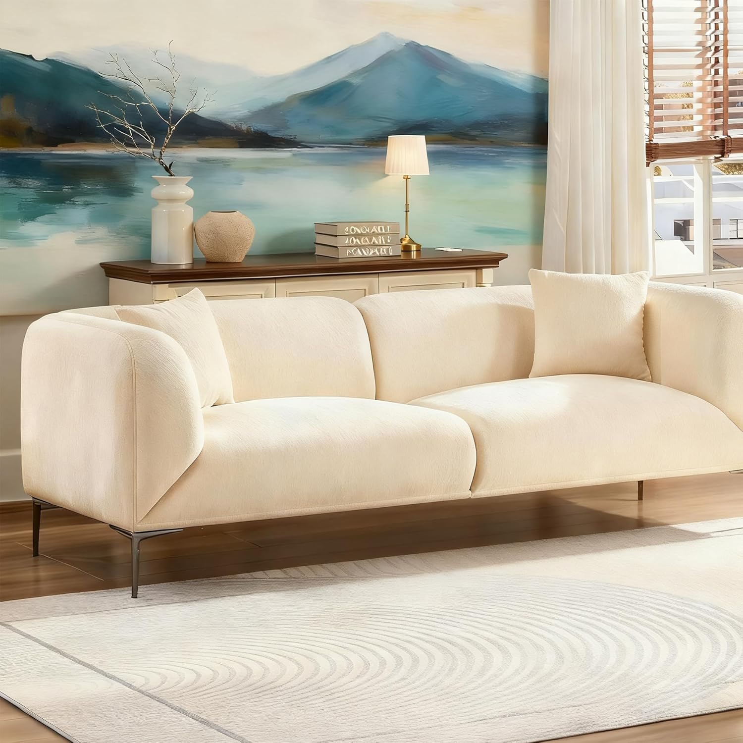 MEETAKING 82.68" Modern Sofa, 3-Seater Deep Seats Tuxedo Couch, Boucle Sofas with 2 Pillows, Minimalist Couches Straight with Metal Legs, High Armrests for Living Room,Bedroom,Home Office (Beige)