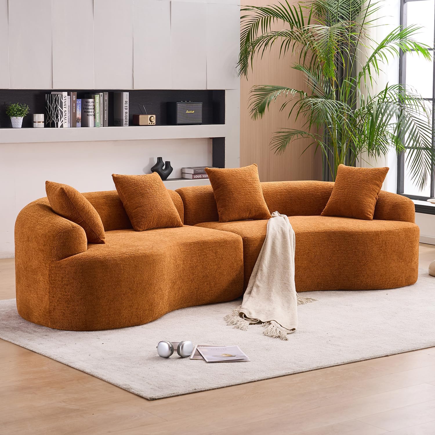 Yoglad 110‘’ Boneless Curved Sofa, Modern Cloud 4-Seater Floor Couch, Minimalist Compression Sofa for Living Room Apartment Studio Office, No Assembly Needed(Chenille, Beige White)