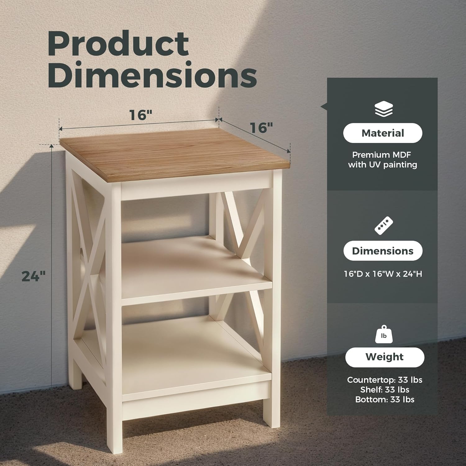 MAISON ARTS End Tables, Farmhouse Nightstand Set of 2, Small Side Table Living Room 3-Tier Modern Bed Side Table Nightstands for Bedroom, Sofa End Tables Set, Ivory White