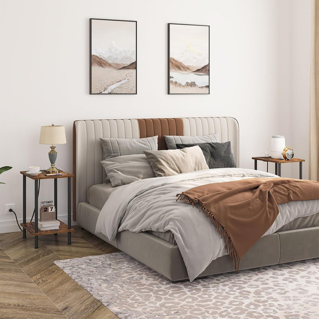 HOOBRO Side Table with Charging Station, Set of 2 End Tables with USB Port and Outlets, Nightstand with 2-Layer Storage Shelves for Small Spaces, Living Room, Bedroom, Rustic Brown BF09UBZP201