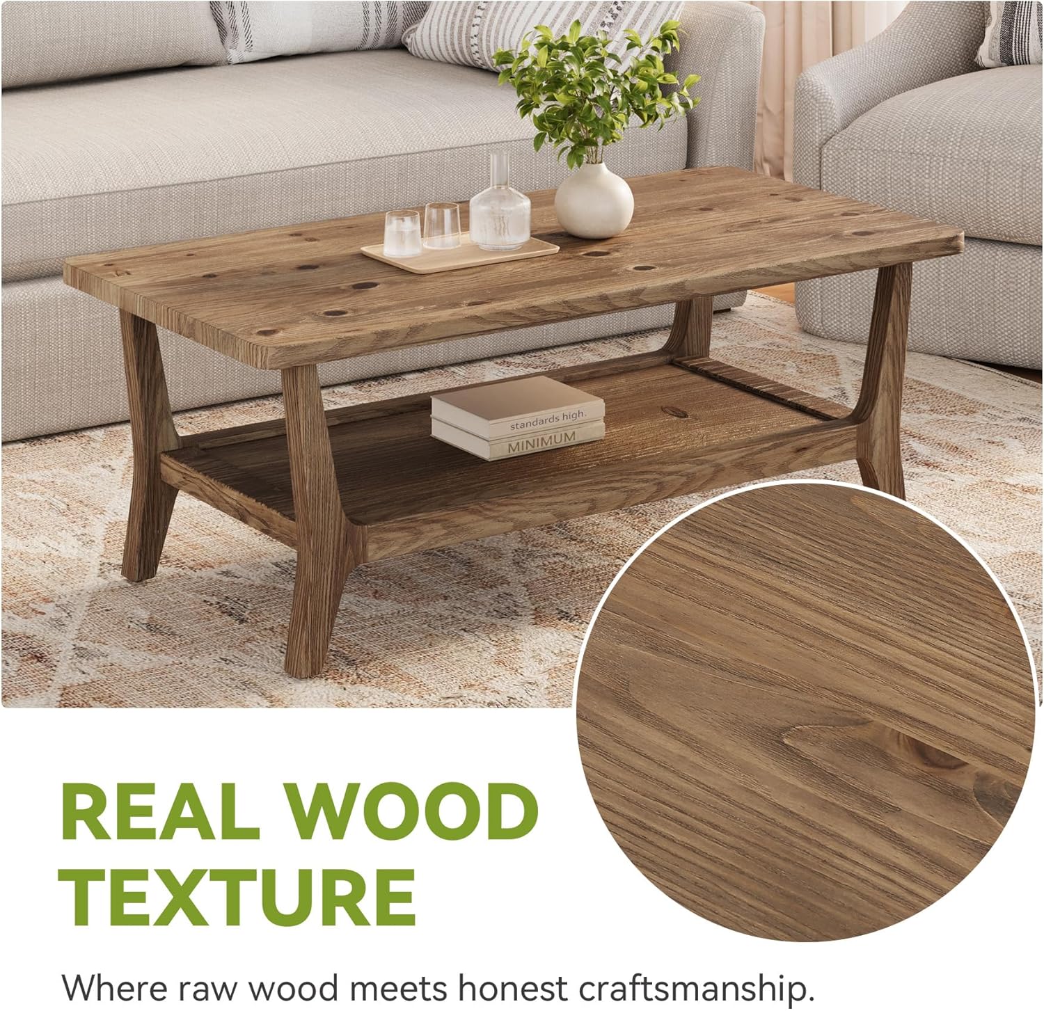 LITTLE TREE Solid Wood Coffee Table with Storage, 2-Tier Shelf Living Room Table, Rounded Corners, Kid-Friendly Lightweight Design, Easy Assembly, 23.6" D x 47.2" W, Rustic Brown