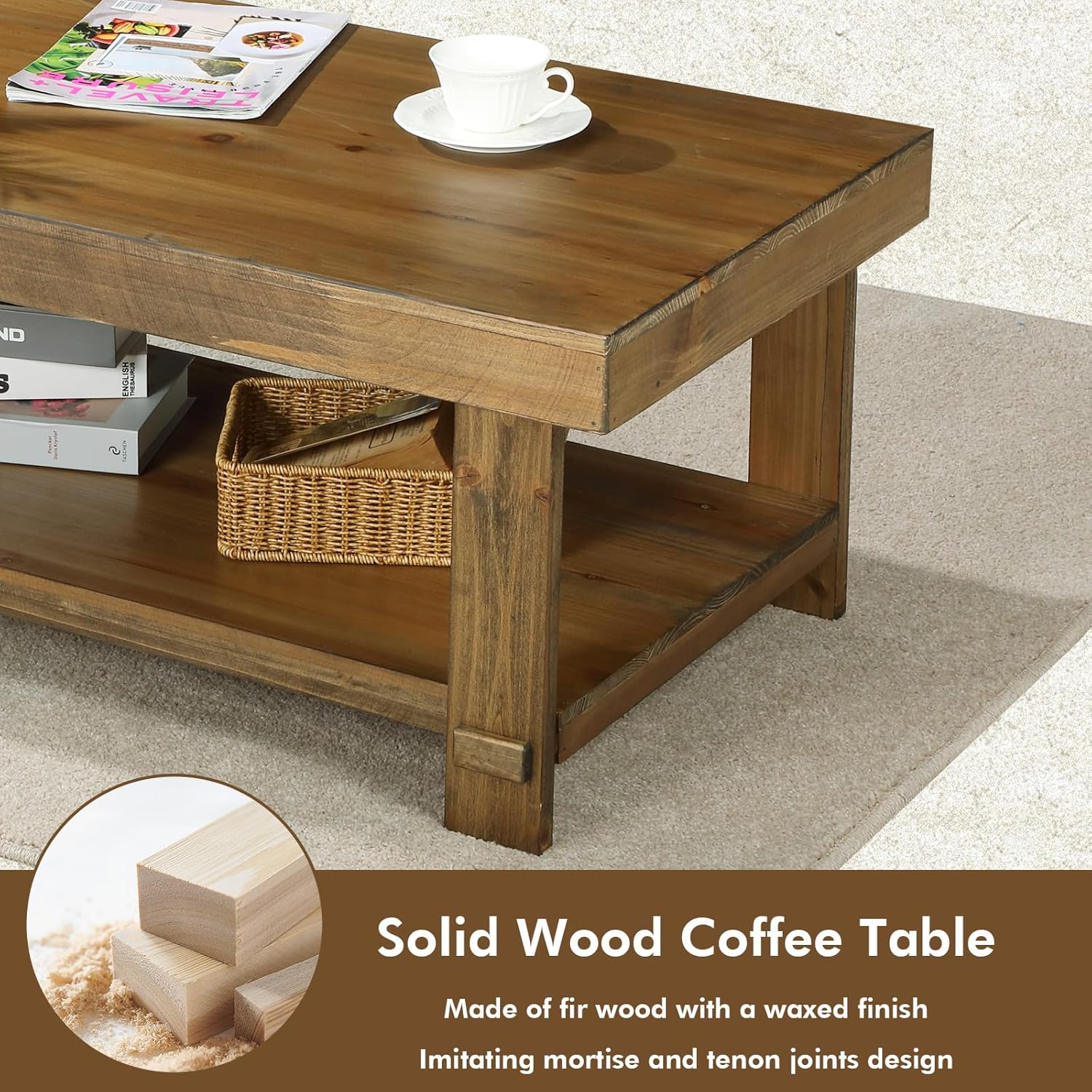 42.5" Farmhouse Solid Wood Coffee Table Rectangle Coffee Table Rustic Center Tables with Storage Shelf for Living Room, Natural