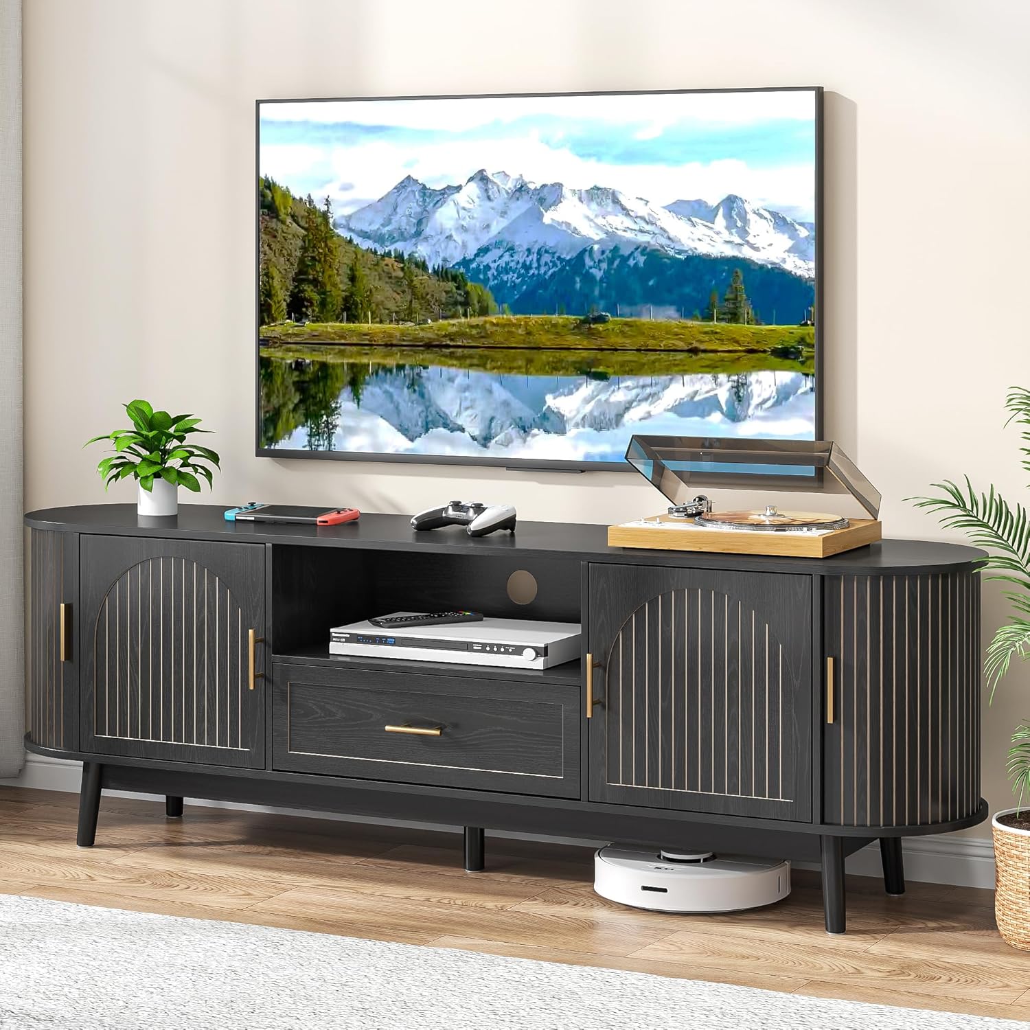 70" Fluted TV Stand for Tvs up to 80", Mid-Century Modern Entertainment Center with Drawers and Fluted Doors, Curved TV Media Console Table with Sliding Doors for Living Room, Bedroom (70")